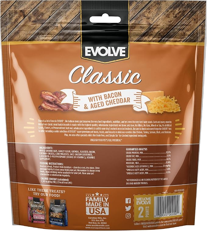 Evolve Classic Small Batch Oven Baked with Bacon and Aged Cheddar Cheese Biscuits Dog Treats, 16oz