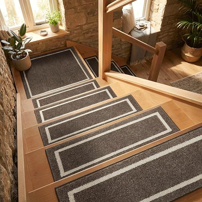 COSY HOMEER Soft Stair Treads Non-Slip Carpet Mat 28inX9in Indoor Stair Runners for Wooden Steps,Stair Rugs for Kids and Dogs, 100% Polyester TPE Backing 10pcs,Brown