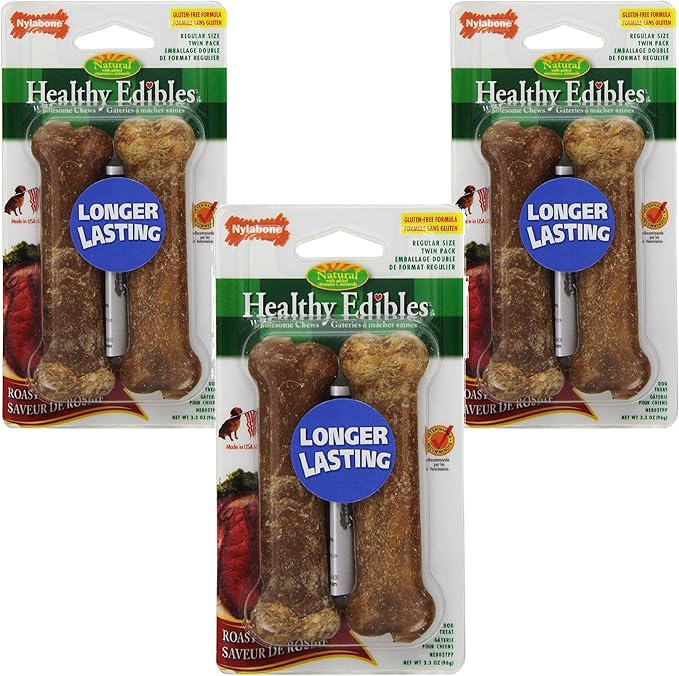 Nylabone Healthy Edibles Roast Beef Flavored Treat Bones, Size Regular - 6 Bone Total (3 Packages with 2 Bones each)