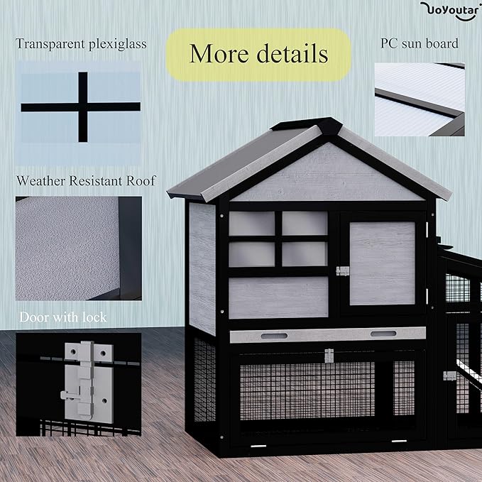 Chicken coop and activity area, dual-level rabbit cage for indoor/outdoor use, accommodates 2-3 chickens. Includes ramp and leak-proof deep-draw tray. Suitable for chicks and rabbits (black)