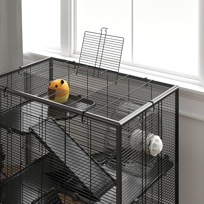 PawHut Large Hamster Cage with 9" Deep Tempered Glass Bottom, 4 Tiers Hamster Tank with Running Wheel, Hut, Water Bottle, Dish, Rat Cage for Syrian, Dwarf, Gerbils, Mouse, 31" x 19" x 31.5", Black