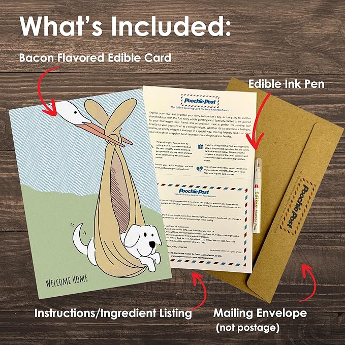 Poochie Post Edible Greeting Card for Dogs, Bacon-Flavored Dog Treat New Puppy Gift with Edible Ink Pen, "Welcome Home" Design, Gluten & Grain Free, Made in USA