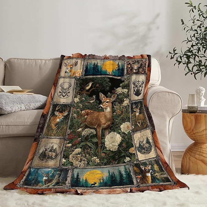 Deer Throw Blanket Hunting Deer Elk Stuff Gifts for Kids Girls Boys Adults Women Men Soft Cozy Warm Plush Fluffy Fuzzy Fleece Blanket Decor 50''X60''