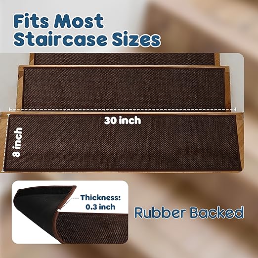 Peel and Stick Self Adhesive Jute Carpet Stair Treads, 15 Pack Rubber Backed Basement Safety Stair Mats, Non Slip Stair Cover Step Pads for Stairs, Deep Brown