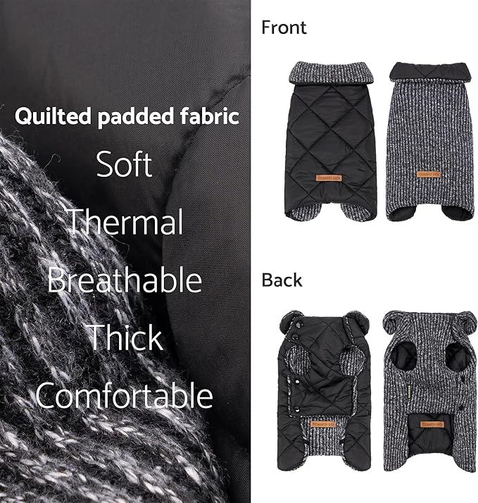 Fitwarm Reversible Quilted Dog Coat, Knitted Winter Clothes for Small Dogs Boy Girl, Windproof Thermal Pet Jacket, Black, Grey, XL