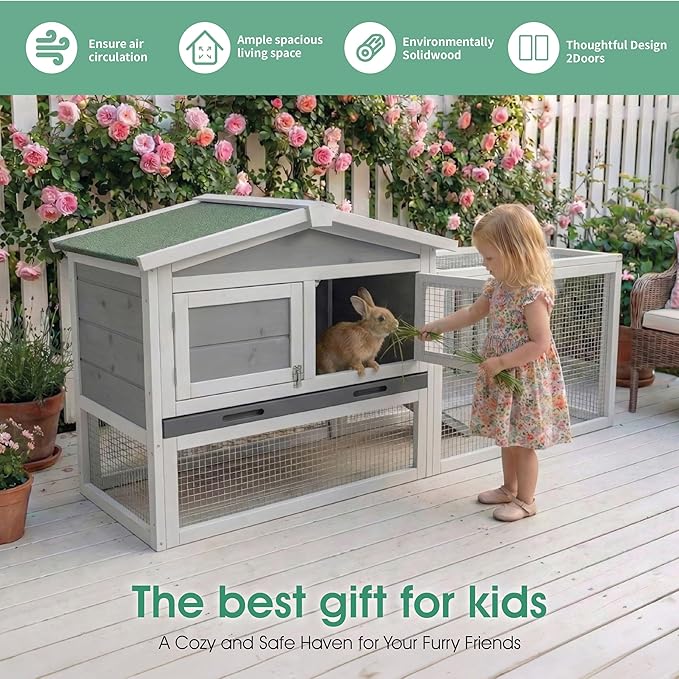 Garvee Wooden Rabbit Hutch Indoor and Outdoor, Rabbit Cage with Removable Wire Netting and Leak Proof Tray, Weatherproof Bunny Cage with Anti-Chew Metal Frame Ramp for Small Animals Grey