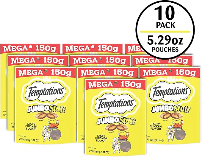Temptations Jumbo Stuffed Cat Treats, Crunchy and Soft Cat Treats, Tasty Chicken Flavor, 5.3 oz. Pouch (Pack of 10)