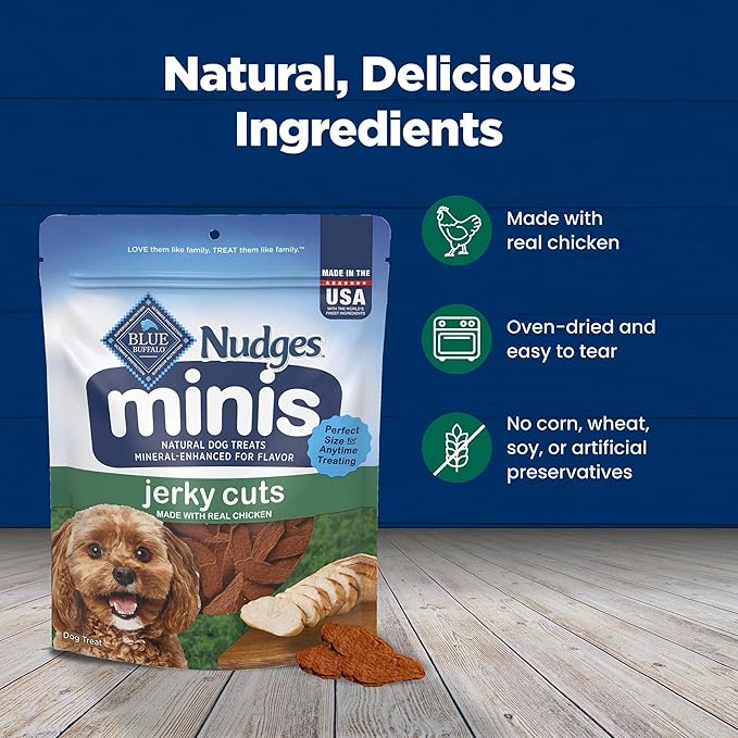 Blue Buffalo Nudges Minis Jerky Cuts Made with Real Chicken, Natural Dog Treats Mineral-Enhanced for Flavor, 10 oz. Bag
