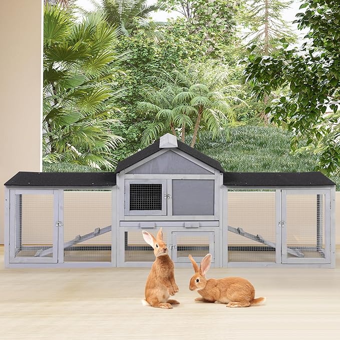 COZIWOW 2 Story 83”Wood Assembled Rabbit Hutch Indoor&Outdoor Bunny Cage with Double Runs and Weatherproof Roof, Guinea Pig Pet House for Small Animals（Gray）
