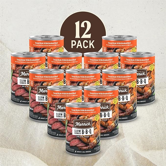 Merrick Slow-Cooked BBQ Premium Healthy Real Meat Grain Free Canned Dog Food, Texas Style With Braised Beef - (Pack of 12) 12.7 oz. Cans