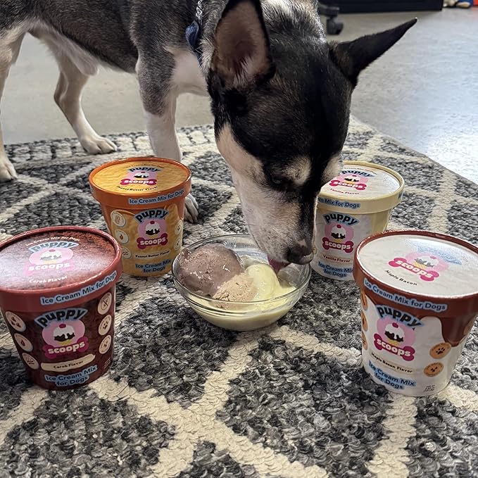 Puppy Scoops Dog Ice Cream Mix Variety Pack, 4 Flavors, 4.65 oz Each – Just Add Water and Freeze at Home, Powder Mix with Ice Cream Cup and Reusable Lid. Made in USA