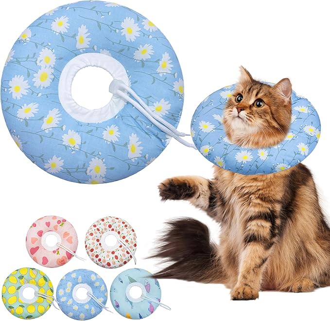 Seyezo Cat Cone Collar Soft, Adjustable Cat Recovery Collars Kitten Cones to Stop Licking, Cute Donut E Collar After Surgery, Wound Healing Elizabethan Collar for Kitten(Blue Daisy, Large)