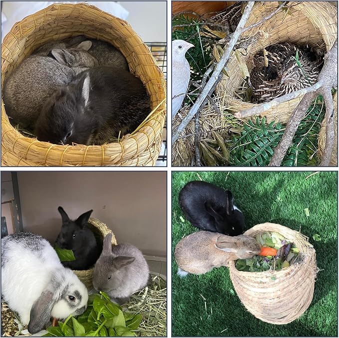 kathson Rabbit Grass House Bunny Woven Hay Bed Guinea Pig Hideout Hand Woven Natural Grass House for Hamster and Small Animals with Hay Chew Balls Toys