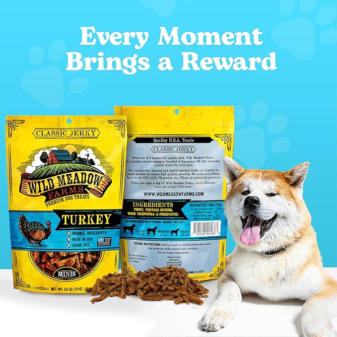 Wild Meadow Farms - Classic Turkey Minis, Soft Jerky Training Treats for Dogs, Grain Free, All Natural & Perfectly Sized for Training & Rewards, 3.5oz