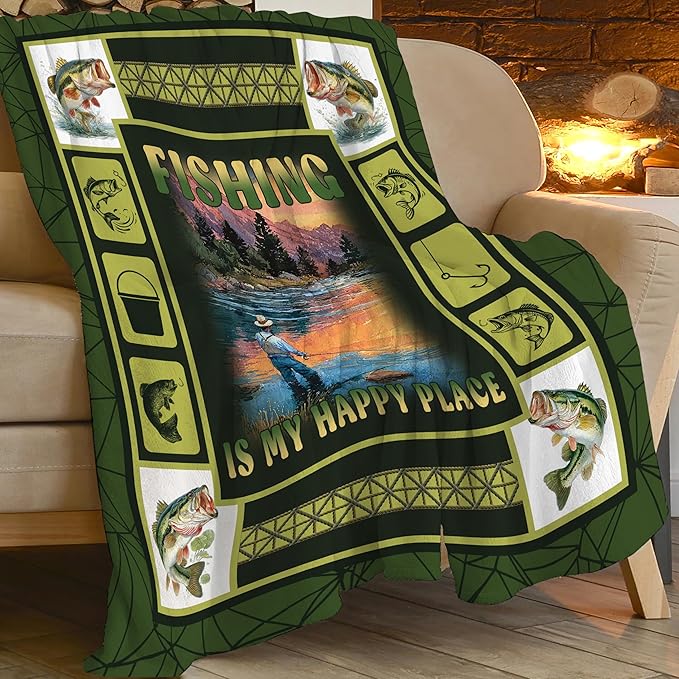 Fish Throw Blanket Fishing Stuff Gifts for Kids Girls Boys Adults Women Men Soft Cozy Warm Plush Fluffy Fuzzy Fleece Blanket Decor 60''X80''