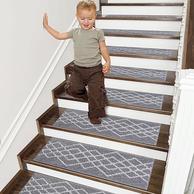 COSY HOMEER Soft Stair Treads Non-Slip Carpet Mat 28inX9in Indoor Stair Runners for Wooden Steps,Stair Rugs for Kids and Dogs, 100% Polyester TPE Backing 7pcs,Grey,Rhombus