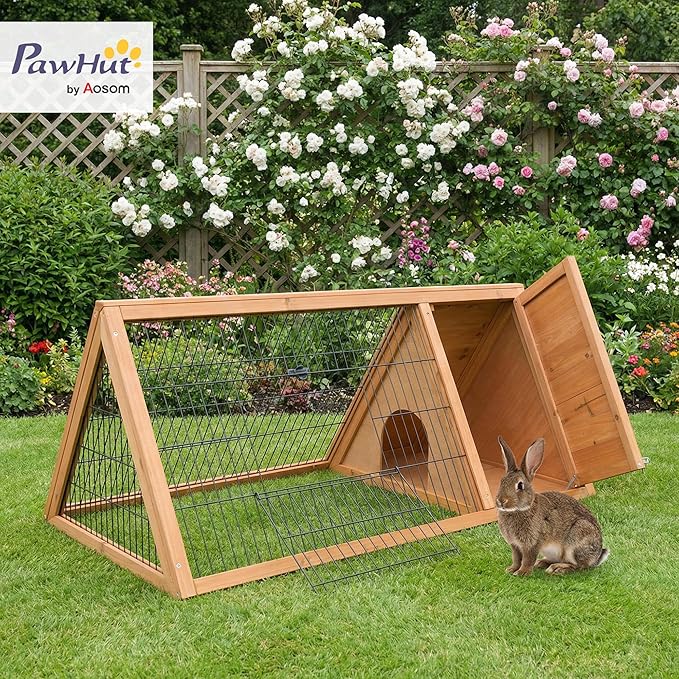 PawHut 46" x 24" Wooden A-Frame Outdoor Rabbit Hutch, Small Animal Cage, Bunny Hutch with Outside Run & Ventilating Wire, Yellow