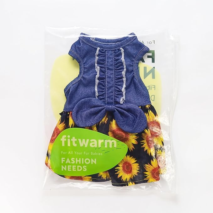 Fitwarm Sunflower Denim Dog Dress, Dog Clothes for Small Dogs Girl, Pet Cat Outfit, Blue, Black, Yellow, Red, XS