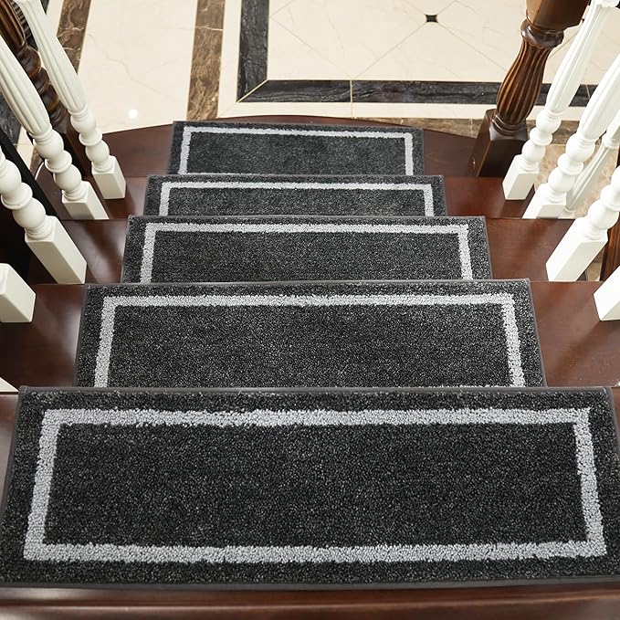 COSY HOMEER Soft Stair Treads Non-Slip Carpet Mat 28inX9in Indoor Stair Runners for Wooden Steps,Stair Rugs for Kids and Dogs, 100% Polyester TPE Backing 7pcs,Black
