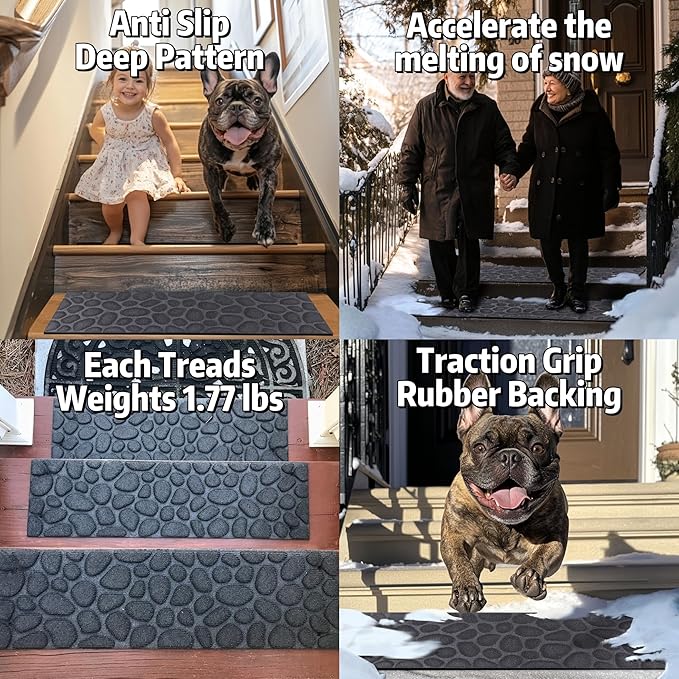 Aucuda 6pcs 8.5" x 30" Stair Treads Outdoor for Elders and Dogs on Wooden Steps, Non Slip Stair Runner Rug Heat Insulation Rubber Backing, Gray Stone Staircase Mat Carpet for Indoor Grip Farmhouse.