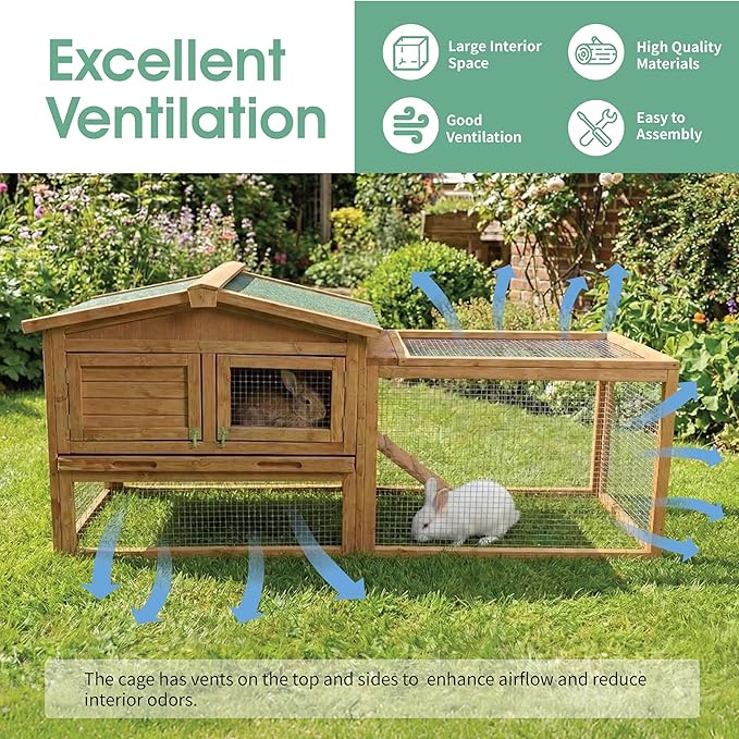 Wooden Rabbit Hutch Indoor and Outdoor, Large Rabbit Cage Chicken Coop Expandable, Weatherproof Bunny Cage with Anti-Chew Metal Frame Ramp for Backyard Small Animals Natural