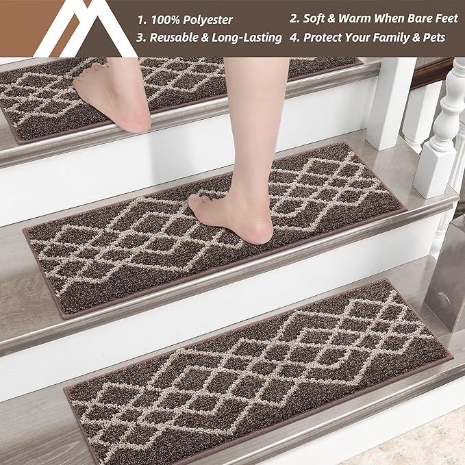 COSY HOMEER Soft Stair Treads Non-Slip Carpet Mat 28inX9in Indoor Stair Runners for Wooden Steps,Stair Rugs for Kids and Dogs, 100% Polyester TPE Backing 7pcs,Brown,Rhombus