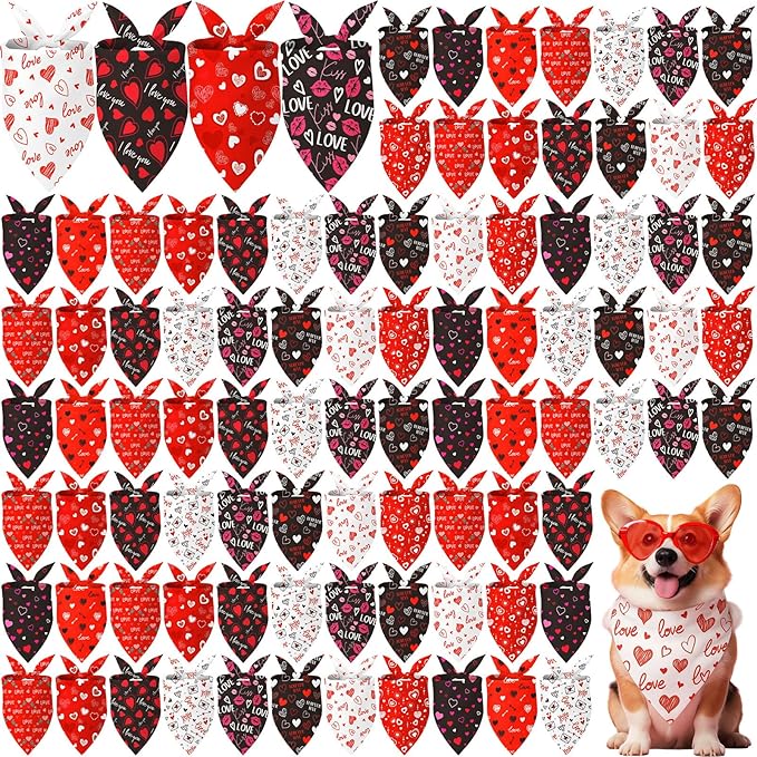 Shyyween 100 Pcs Valentine's Day Dog Bandanas Bulk for Dogs Soft Bibs Adjustable Triangle Red Love Heart Lips Bandana for Small Medium Large Pet Costume(25.6 x 17.7 x 17.7 Inch)