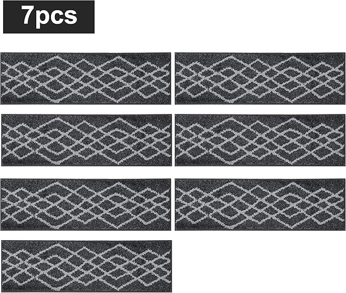 COSY HOMEER Soft Stair Treads Non-Slip Carpet Mat 28inX9in Indoor Stair Runners for Wooden Steps,Stair Rugs for Kids and Dogs, 100% Polyester TPE Backing 7pcs,Black,Rhombus