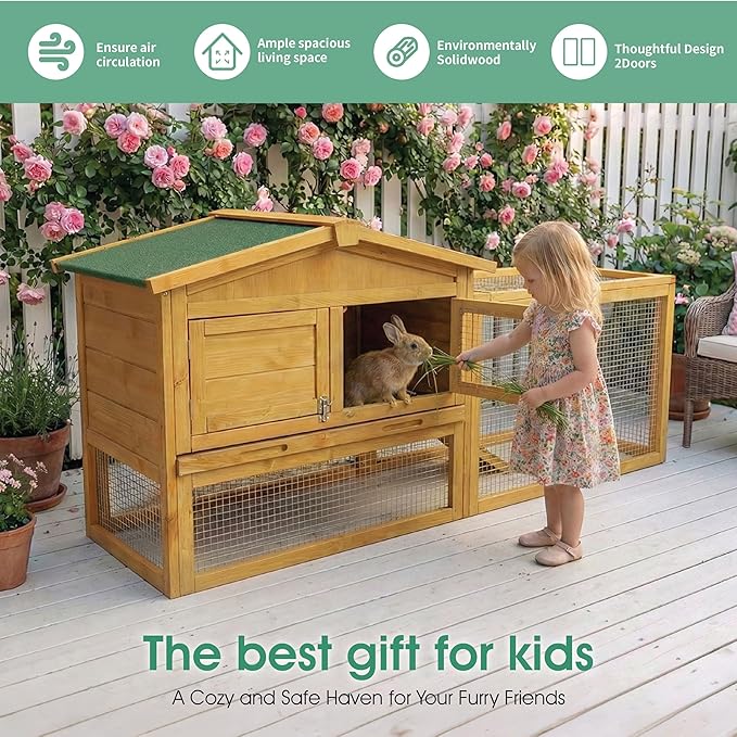 Garvee Wooden Rabbit Hutch Indoor and Outdoor, Rabbit Cage with Removable Wire Netting and Leak Proof Tray, Weatherproof Bunny Cage with Anti-Chew Metal Frame Ramp for Small Animals Natural