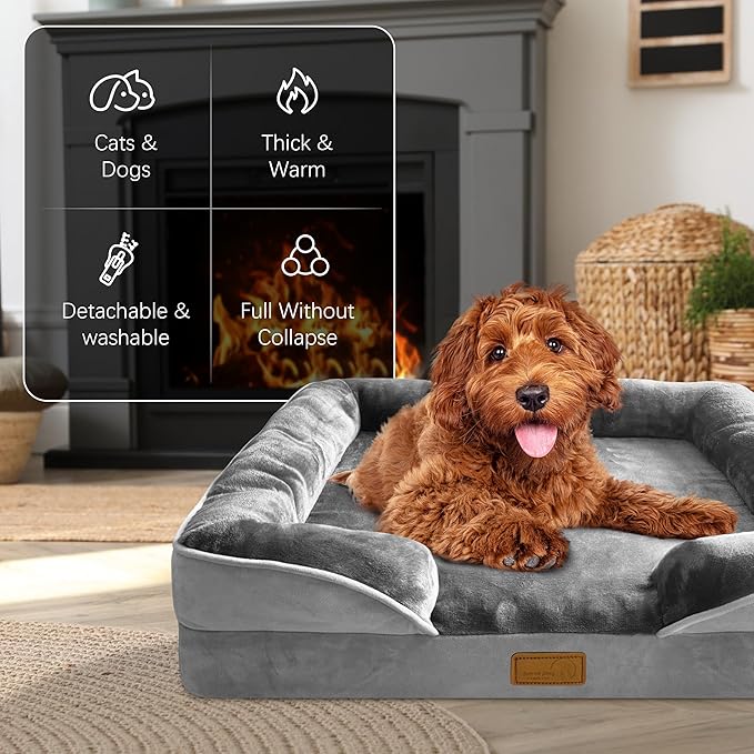 Orthopedic Dog Bed with Sides - Dog Sofa Beds for Small Dogs, Supportive Foam Pet Couch Bed with Washable Removable Cover, Waterproof Lining and Non-Slip Bottom, Grey - S