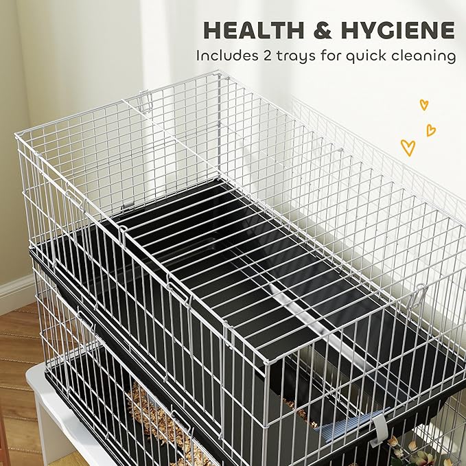 PawHut 2-Tier Small Animal Cage, Chinchilla Ferret Cage Indoor with Dish and Bottle, 2 Doors, Deep Bottoms, Ramp, 28", Black