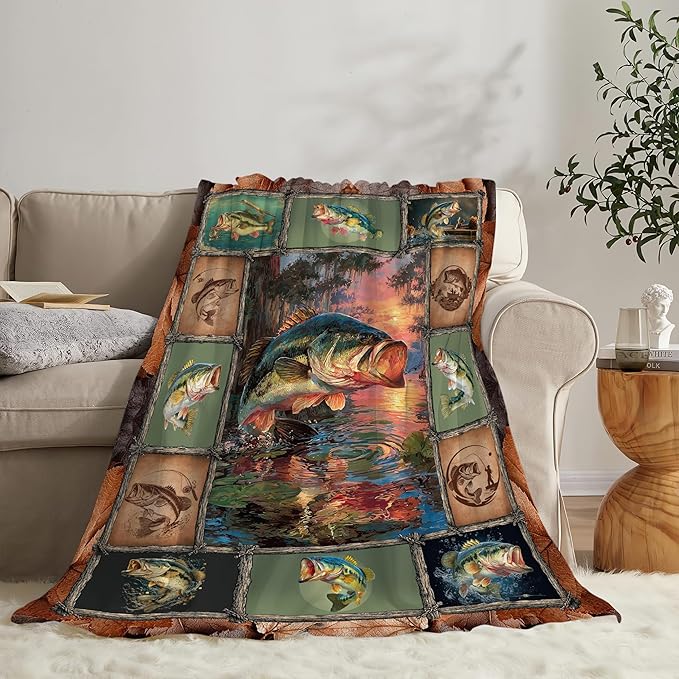 Fish Throw Blanket Fishing Stuff Gifts for Kids Girls Boys Adults Women Men Soft Cozy Warm Plush Fluffy Fuzzy Fleece Blanket Decor 60''X80''