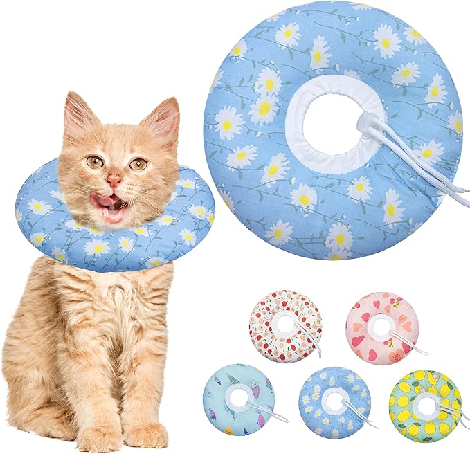 Seyezo Cat Cone Collar Soft, Adjustable Cat Recovery Collar Kitten Cones to Stop Licking, Cute Donut E Collar After Surgery, Anti-Lick Wound Healing Elizabethan Collar for Kitten (Blue Daisy, Small)