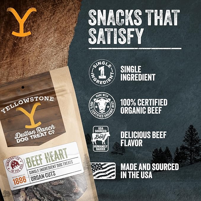 Authentic Yellowstone Dutton Ranch Dog Treat Co. - Single Ingredient Organ Meat: Beef Hearts - Premium Dog Treats with No Additives, Preservatives or Fillers - Made in The USA - 4oz
