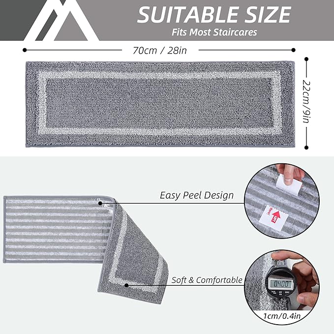 COSY HOMEER Soft Stair Treads Non-Slip Carpet Mat 28inX9in Indoor Stair Runners for Wooden Steps, Stair Rugs for Kids and Dogs, 100% Polyester TPE Backing 10pcs,Grey