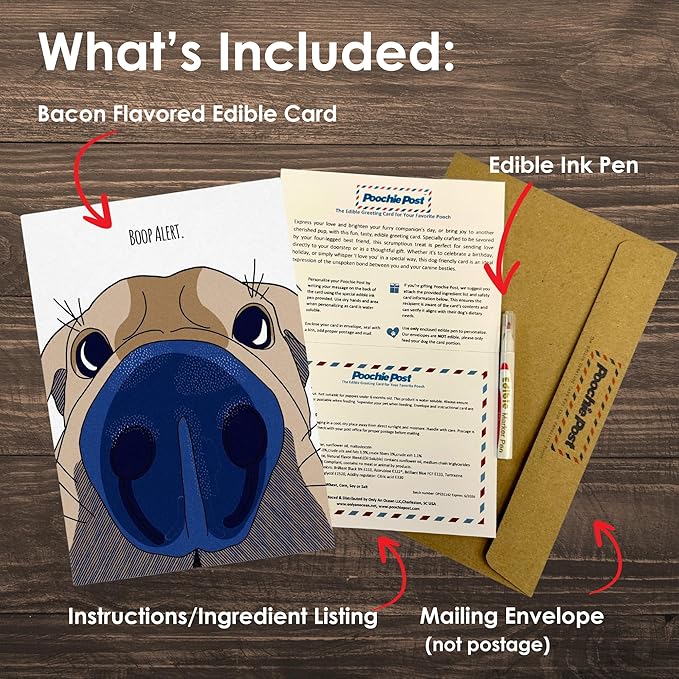 Poochie Post Edible Greeting Card for Dogs, Bacon-Flavored Dog Treat Gift with Edible Ink Pen, "Boop Alert" Design, Gluten & Grain Free, Made in USA