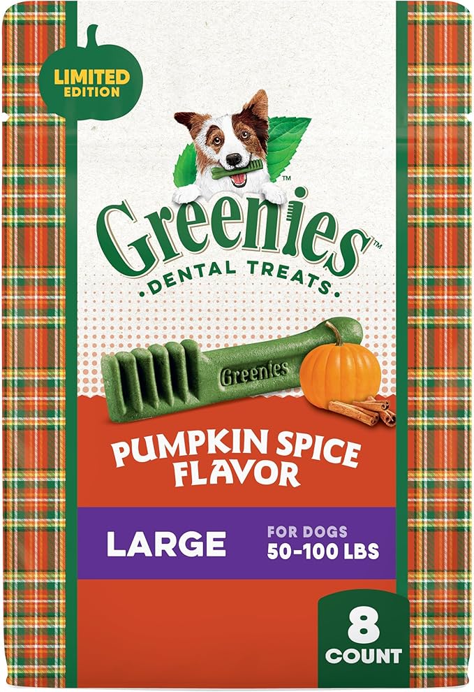 Greenies Veterinarian-Recommended, Limited-Edition Natural Dental Dog Treats Large Size, Pumpkin Spice Flavor, 12 oz. Pack, 8 Count