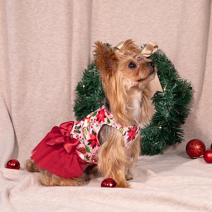 Fitwarm Christmas Flowers Dog Tutu Dress, Elegant Winter Clothes for Small Dogs Girl, Holiday Pet Outfit, Red, Pink, XS