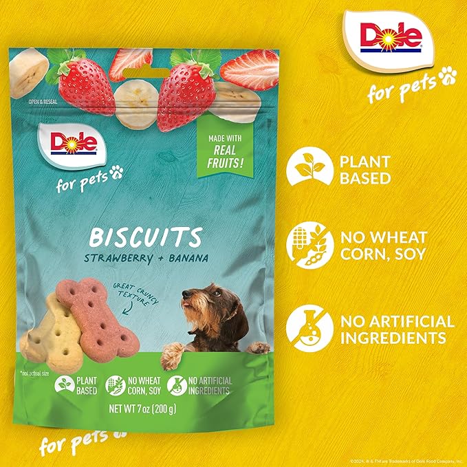 Dole for Pets Dog Biscuits Assorted Banana + Strawberry Mix, Real Fruit Flavor Vegan Crunchy Treats, No Wheat Corn Soy or Artificial Additives, Bite Size Training Snacks for Dogs, 7 Oz