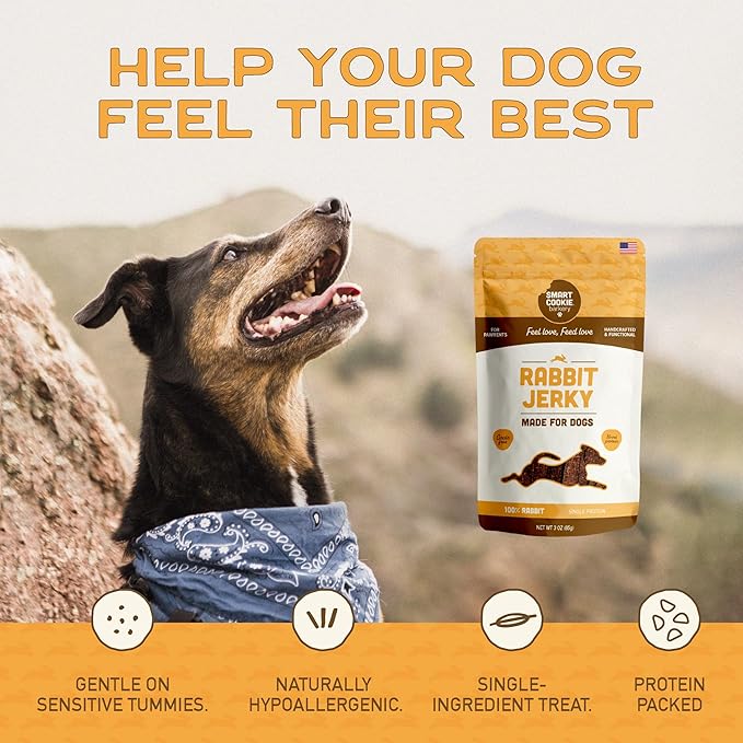 Smart Cookie Single Ingredient Rabbit Jerky Dog Treats - Training Treat Strips for Dogs and Puppies with Allergies, Sensitive Stomachs - Dehydrated, 100% Meat, Grain Free, Made in USA - 3oz, Pack of 1