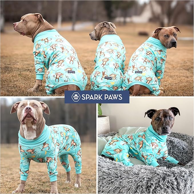 Spark Paws Dog Pajama, Dog Recovery Suit Male, Onesie, Ultra-Soft and 4-Way Stretch, for Small Medium and Large Breeds - Monkey Business - 4XL