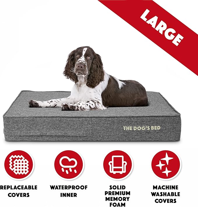 The Dog’s Bed Orthopedic Memory Foam Dog Bed for Large Dogs, Waterproof Washable Cover, Anti-Slip Base, Calming Surface – CertiPUR-Certified Foam, Grey Linen, 6 Inch Thick