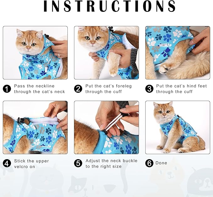 Cat Recovery Suit – Soft, Breathable Onesie for Female & Male Pets After Surgery, Spay, Neuter or Wounds, Surgery Outfit, Cone Alternative, Litter Access, Machine Washable, Blue Paw Print