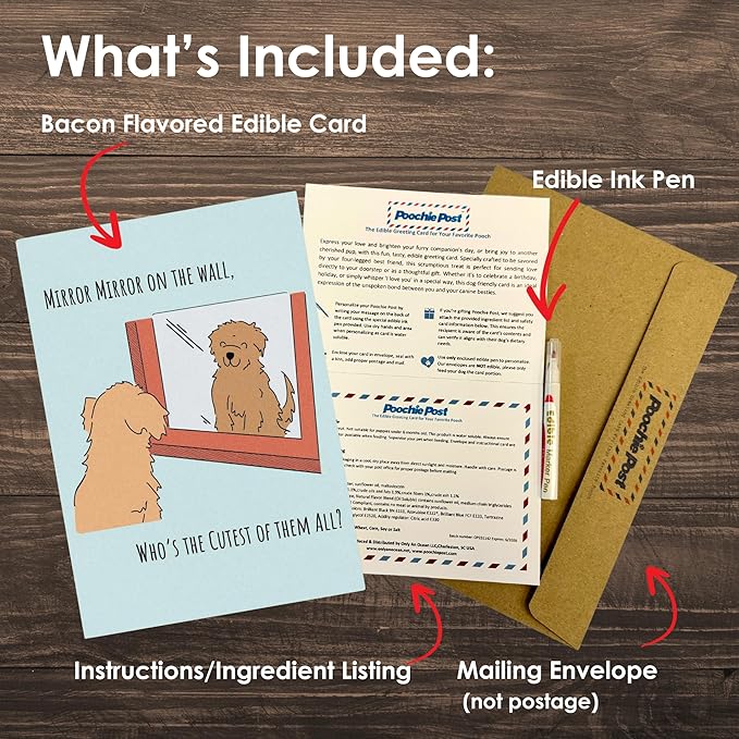 Poochie Post Edible Greeting Card for Dogs, Bacon-Flavored Dog Treat Gift with Edible Ink Pen, "Who's The Cutest" Design, Gluten & Grain Free, Made in USA