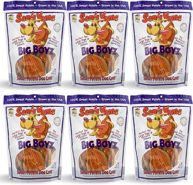 Sams Yams Sweet Potato Dog Treats, Healthy Dog Treats for Large Dogs - Sweet Potato Dog Treats Made in USA, High Fiber, Vegan Dental Chews - Big Boyz, Sweet Potato Dog Chewz, 15oz (Pack of 6)