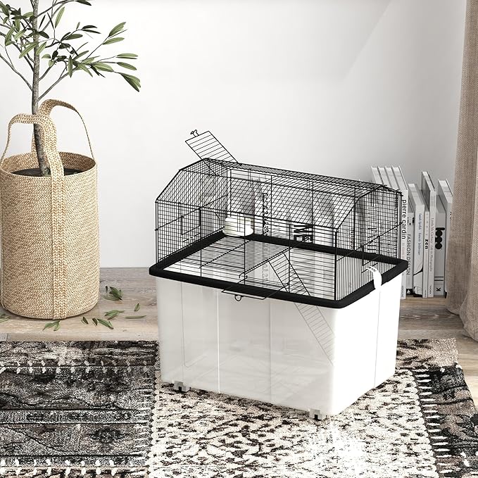 PawHut Hamster Cage, Gerbil Cage 2 Tier with Wheels, Deep Bottom, Ramp, Food Dish, Water Bottle, for Dwarf Hamster, 57 x 43 x 57cm - Black