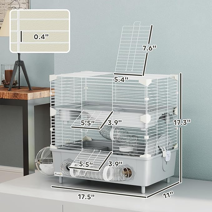 PawHut 2-Tier Hamster Cage, Small Animal Cage with Running Wheel, Tubes, Sand Bathroom, Water Bottle, Hamster Habitat with Accessories, 17.5" x 11" x 17", Gray