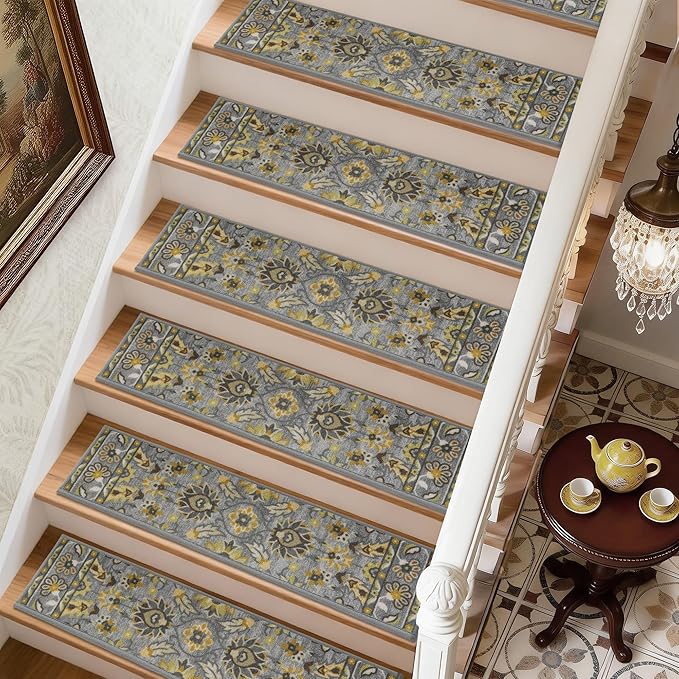 COSY HOMEER-Stair-Treads-for-Wooden-Steps Washable Indoor Carpet Stair Treads Non Slip 8" X 30" Soft Stair Carpet Treads Reusable Peel and Stick Stair Runner Rug for Kids, Elders and Pets 4pcs