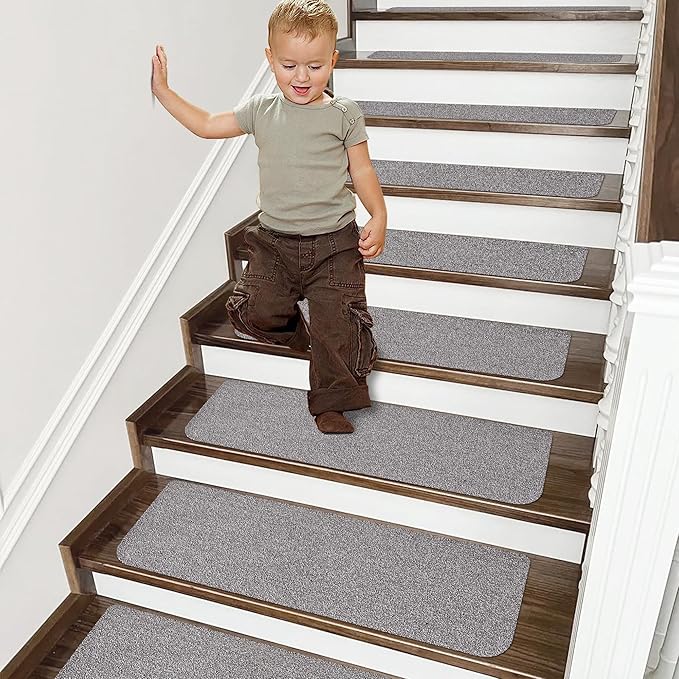 COSY HOMEER Stair Treads Non-Slip 15pcs Carpet Mat 28inX9in Indoor Stair Runners for Wooden Steps, Stair Rugs for Kids and Dogs, 100% Polyester TPE Backing Grey,Protect Floor