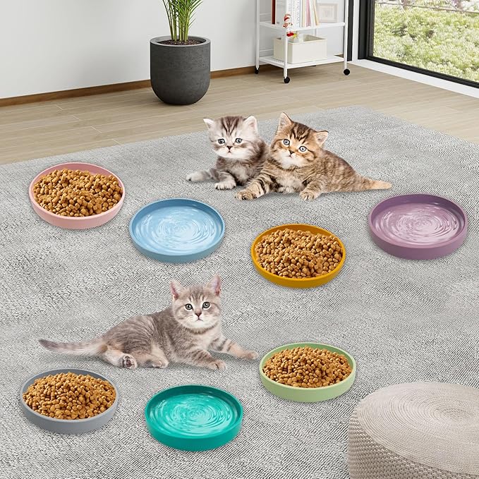 Silicone Cat Food Bowls Shallow Cat Dishes 5.9in Wide Pet Plates Set of 2 Small Flat Dog Saucer Bowl Cute Whisker Fatigue Kitten Feeding Dish for Dry Food & Wet Food (Round Yellow)